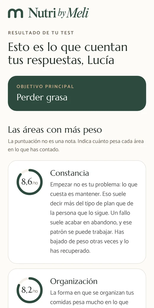 Ejemplo del resultado del test en un móvil: objetivo principal y áreas con más peso